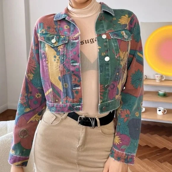 Floral Cropped Denim Jacket - Picture 2 of 5